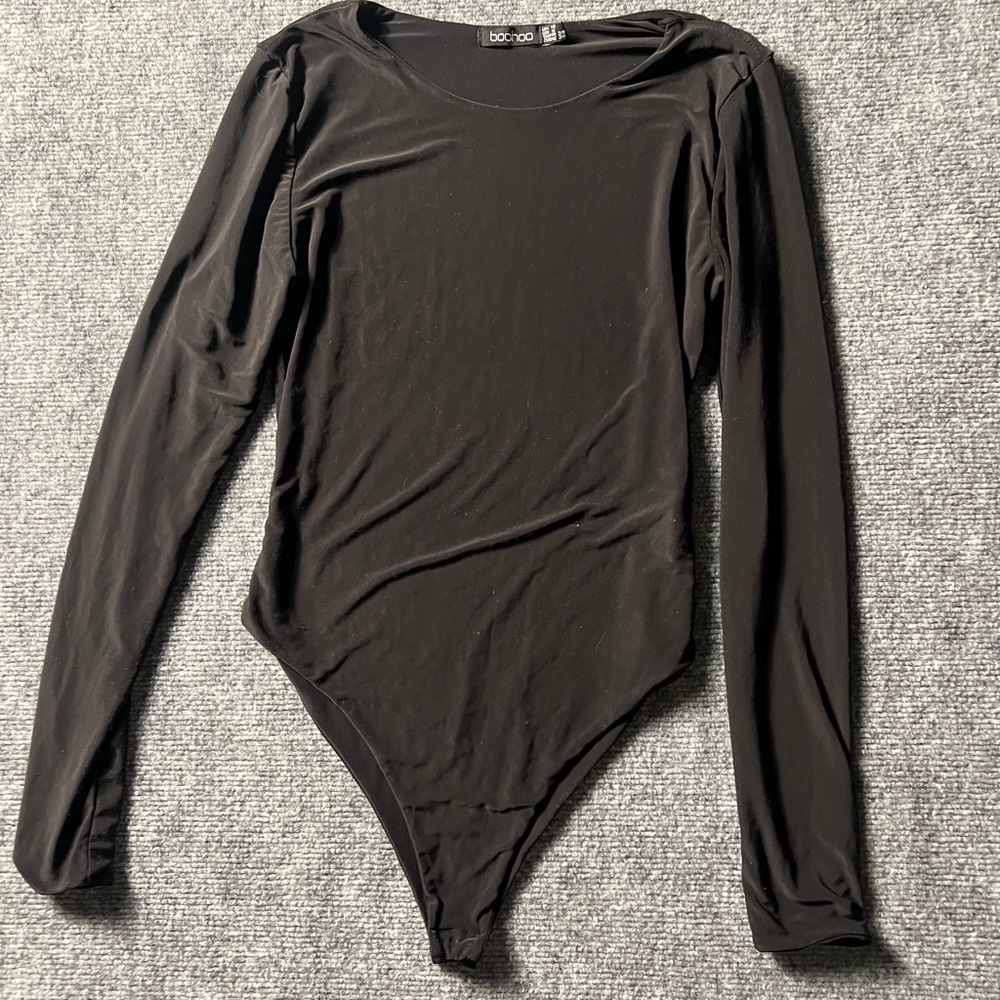 boohoo Women’s Bodysuit Black Long Sleeve Crew Neck Soft Coquette Sexy ComfySz 6